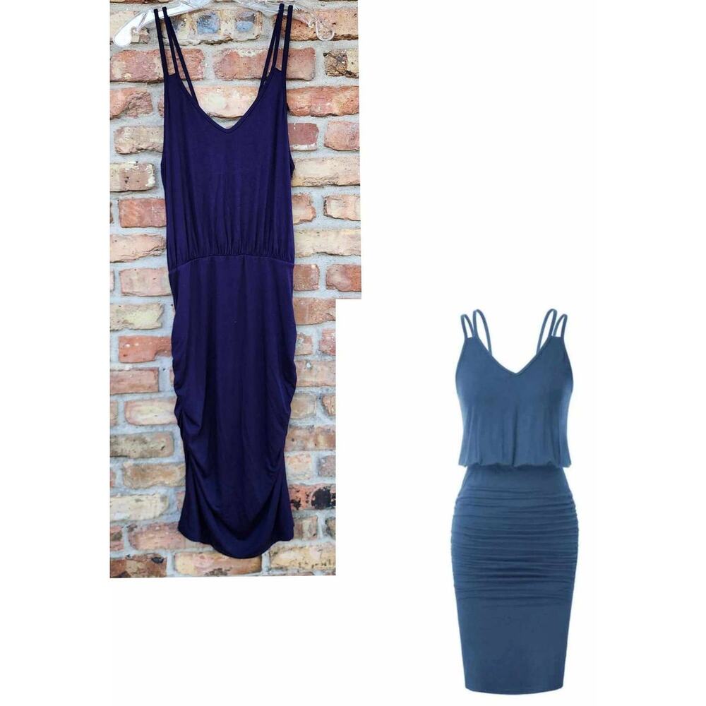 Grace Karin Navy Blue Spaghetti Straps V-Neck Ruched Bodycon Dress Medium NEW